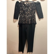 Eliza J Black Lace Off Shoulder Peplum Jumpsuit Size 10 missing belt