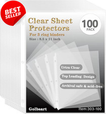Sheet Protectors 8.5" x 11" 100 Pack Top Load 3 Ring Binder Sleeves Clear - US