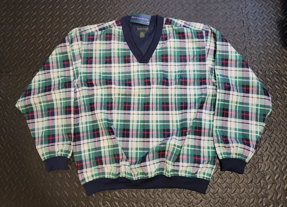 Cortavientos vintage de nailon para hombre de Izod, a cuadros, suéter cuello en V, forrado, nuevo de lote, L Foto 3 de 4