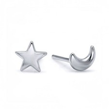 925 Sterling Silver Crescent Moon Star Stud Earrings Cute Small Women Girl Gift