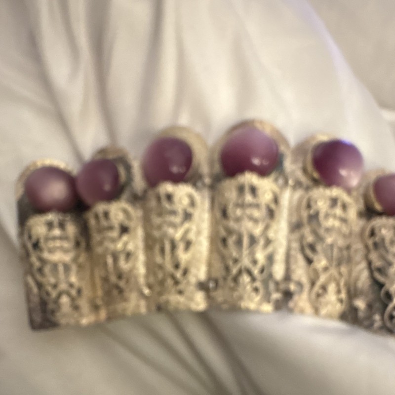 Vintage Ornate Silver-Tone Filigree Napkin Rings w/ Purple Cabochons, 6