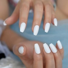 24 Matte White Press on nails set with glue medium coffin spring summer
