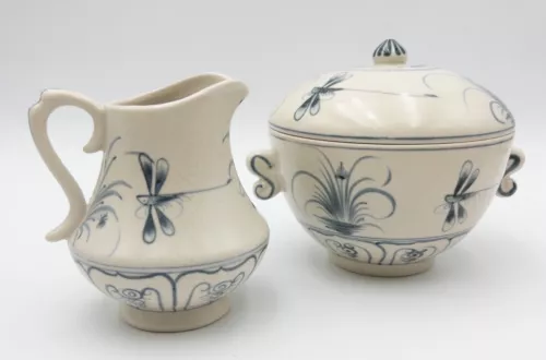 Vietnamese Bat Trang Blue Dragonfly Pitcher And  Bowl w/Handles & Lid Set