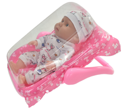 KANDYTOYS BABY DOLL IN CARRY SEAT - TY9742 PLASTIC CRIB COT SEAT TOY PINK GIRL - Picture 1 of 8