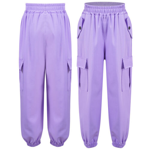 Girls Cargo Fitness Trousers Solid Color Pants Elastic Waistband Sweatpants - Picture 34 of 59