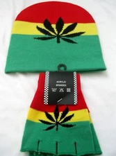 Rasta Red,Yellow,Green MJ Leaf Beanie Ski Cap + Matching Finerless Gloves-New!v2