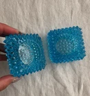 Vintage Fenton Glass Hobnail Spiked Aqua Blue Tea Light Candle Holders Set Of 2