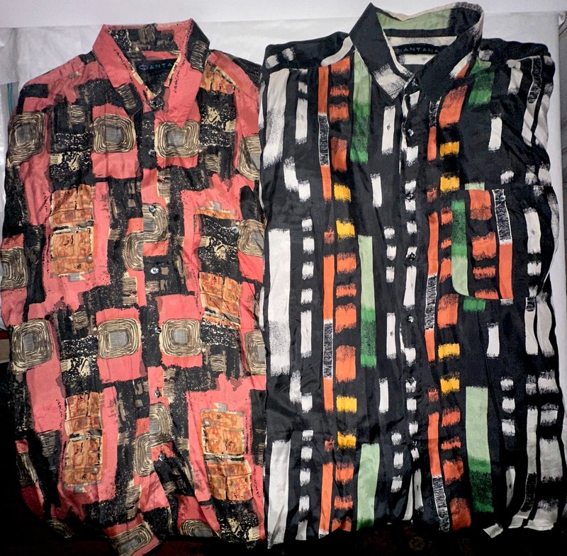 Lot: Santana Silk Geometric Shirts Men's size LARGE (2 in total) Cool Colorful
