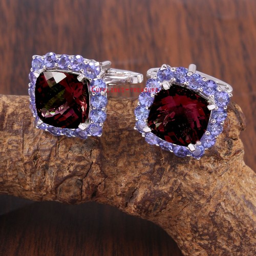 Boutons De Manchette En Argent 925 Avec Améthyste Et Tanzanite Naturelles - Fait Main En Inde, Neuf Sans Emballage