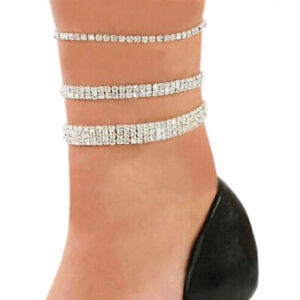 Silver&Ankle Bracelets Stretchy Anklet Chain Diamante Rhinestones 1 2 3 4 5 Rows
