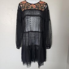 Maeve Anthropologie Medium Black Long Sleeve Lace Dress Floral Embroidered Neck