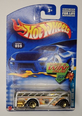 2002 Hot Wheels #059 Spares 'N Strikes SURFIN' SCHOOL BUS Silver w/5SP Wheels 