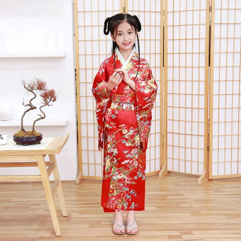 New Japanese Childrens Girls Red with Flower Prints Long Kimono Outfit gjk2