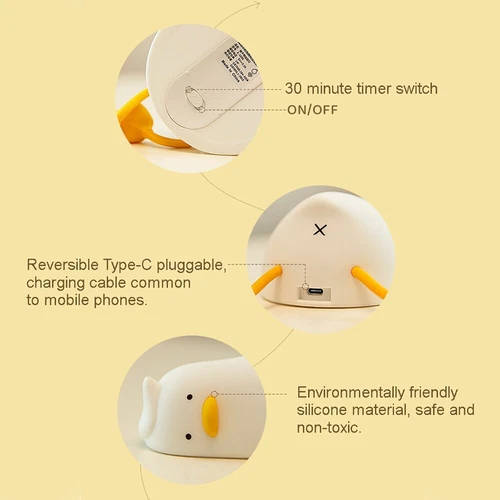 Duck Led Night Light Cartoon Silicone Rechargeable Lamp Patting Switch Decor - Picture 12 of 12