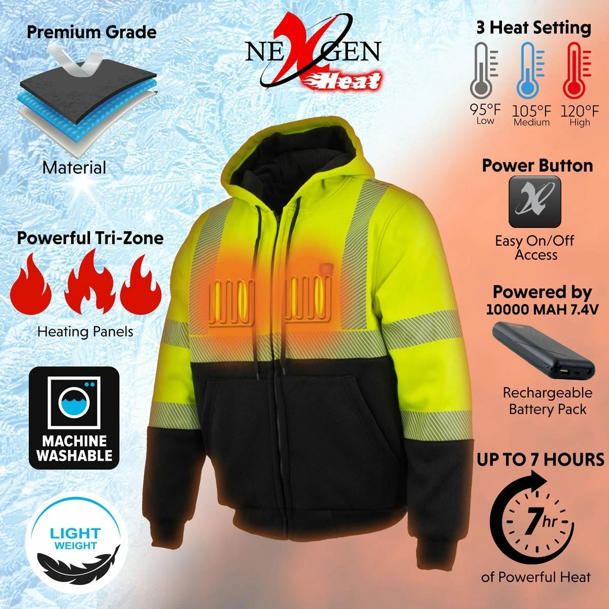 Nexgen Heat 1773 Men's Heated Neon Green High Visibility Work Hoodie W/ Battery