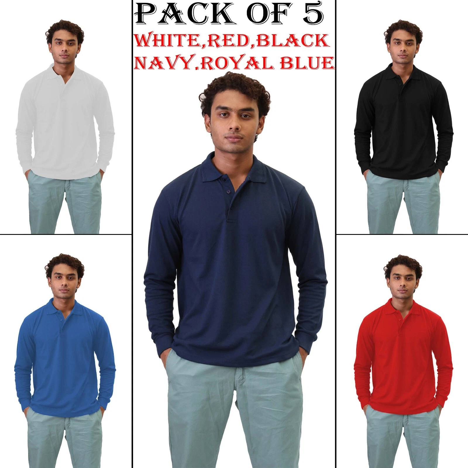 Mens Long Sleeve Polo Shirt (PACK OF 5) Cotton Blend Collared Top Pique T Shirt
Opens in a new windo