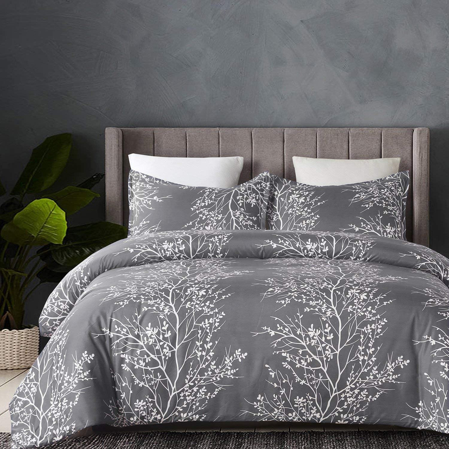 Soft Microfiber Duvet Cover Set, Grey and White Floral Branches Printed Pattern