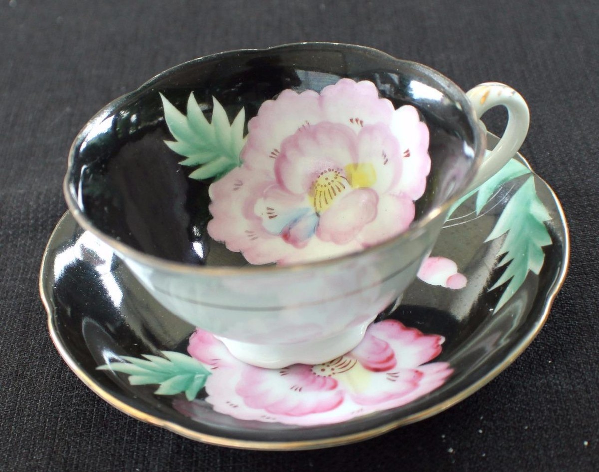 50s SHAFFORD Japan Fine China Hand Painted PINK FLOWER Black