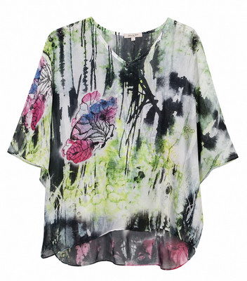 Jess & Jane  Tunic Top Abstract Art Made in USA Colorful Size L Sheer Hem Boho