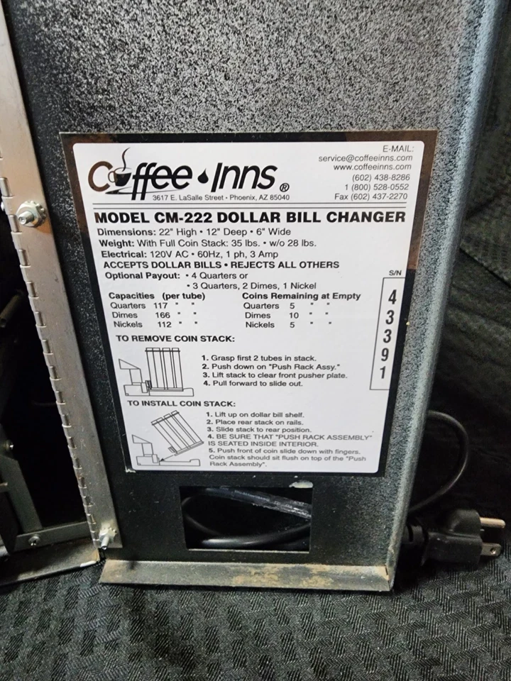 Máquina cambiadora de monedas Coffee Inns CM-222 solo billetes de $1 Foto 3 de 4
