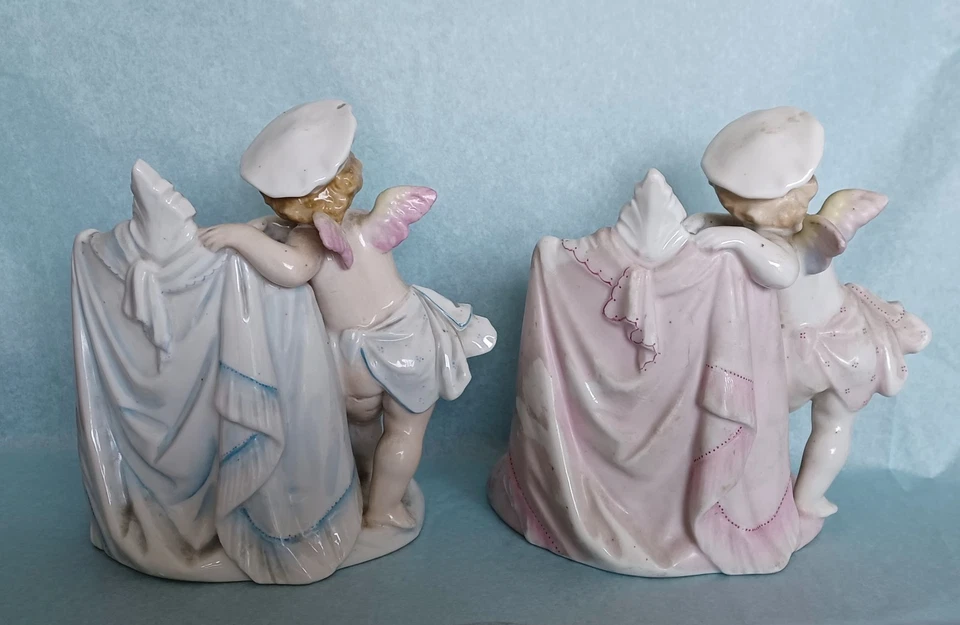 paire ancien PORTE MENU angelots porcelaine signée - Photo 4/4