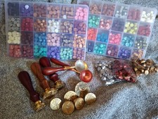 Wax Seal Stamp Large Lot - Brass Stamps W/Wooden Handles Multi Colored Wax Bins
