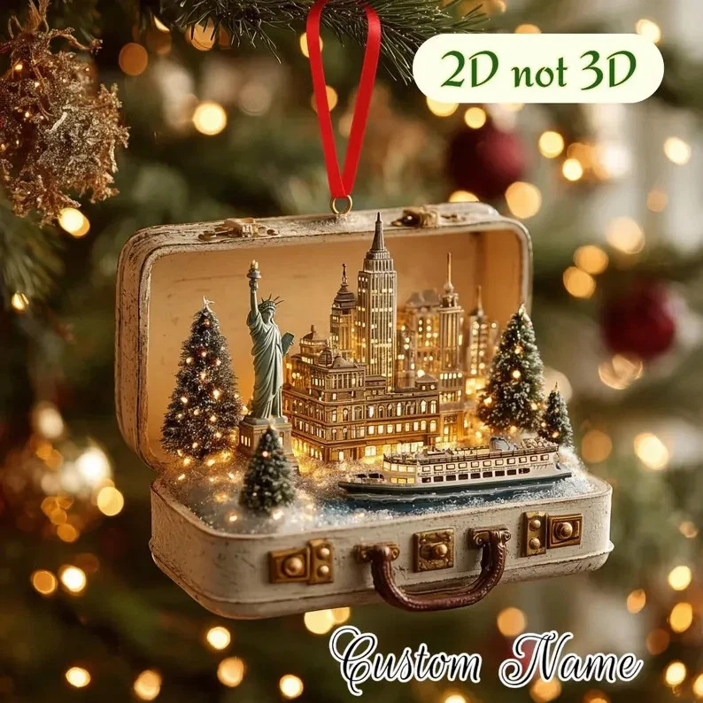 Personalized New York City Ornament Custom Travel Suitcase Diorama NYC Skyline