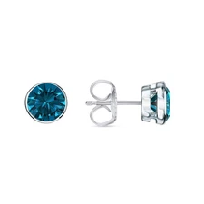 2.5 Ct Round Blue VS Lab Grown Diamond 18K White Gold Earrings Stud Bezel Push