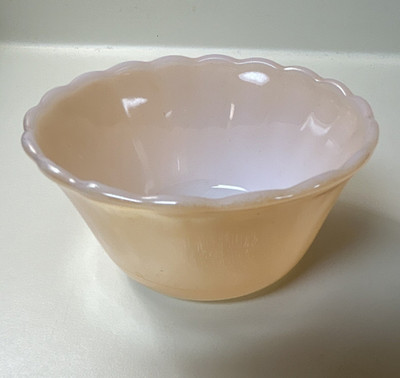 Pink Milk Glass Scalloped Rim Bowl, Round Glossy, 4 in Dia x 2 in H