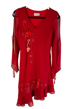 Vintage Y2K Dress Womens Medium Floral Applique Slip Bias Frill Fairy Goblin Red