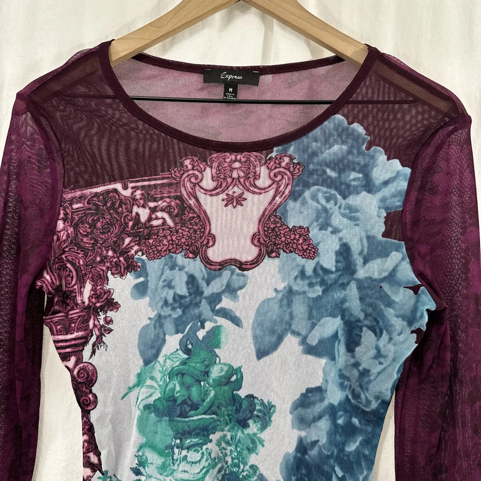 Top Express Vintage Y2K Púrpura Rosa Malla Floral Manga Larga Mujer Talla M Arte Foto 4 de 4