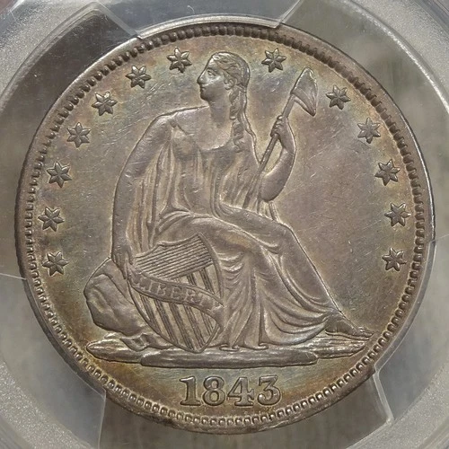 1843 Seated Liberty Half Dollar, PCGS AU-53, Nice Color, Great Type Coin
