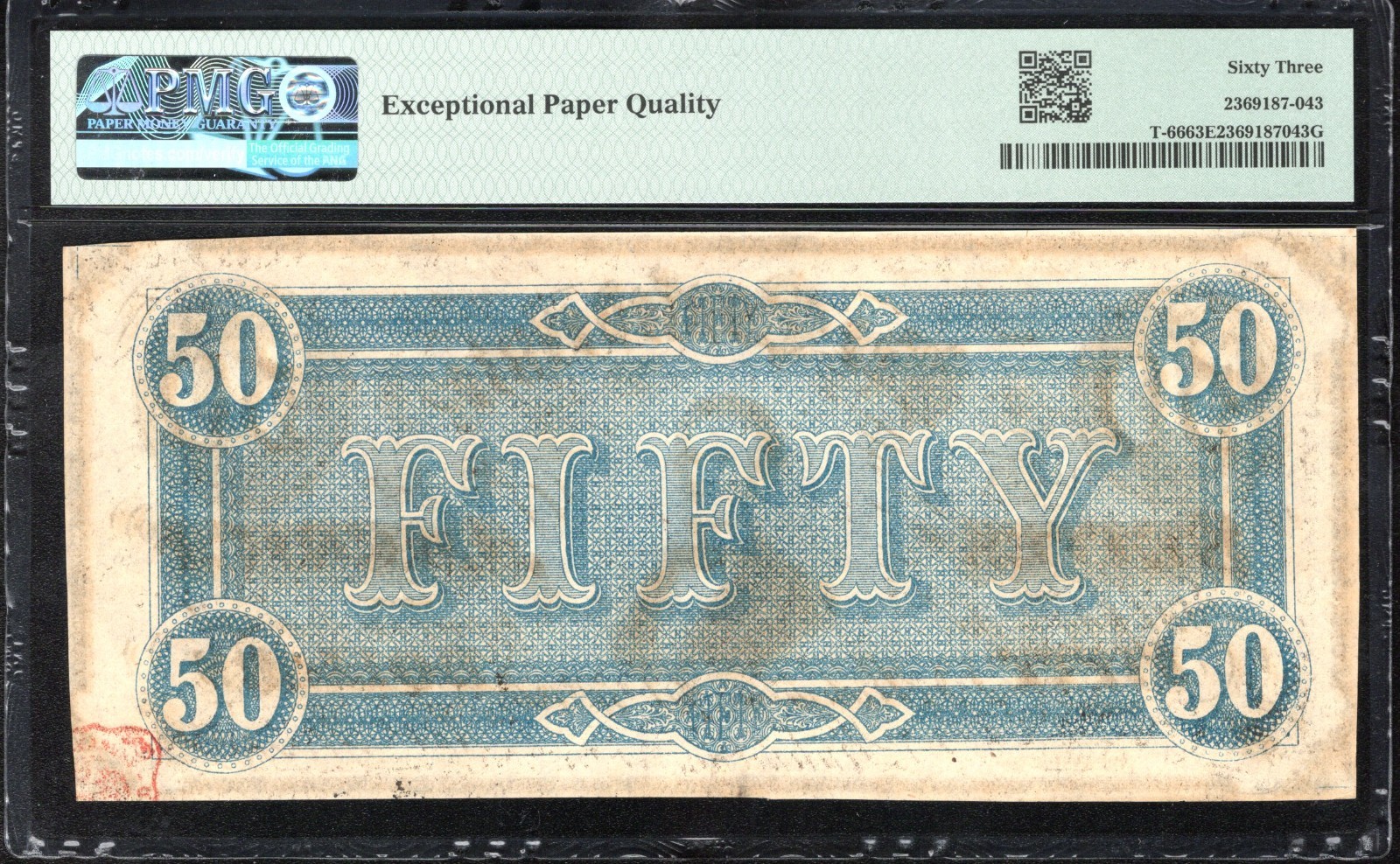 T-66 1864 $50 CONFEDERATE CURRENCY PMG 63 EPQ CIVIL WAR FIFTY DOLLAR BILL 31374