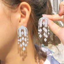 White CZ Big Long Dangly Drop Tassel Chandelier Bridal Earring Christmas Jewelry