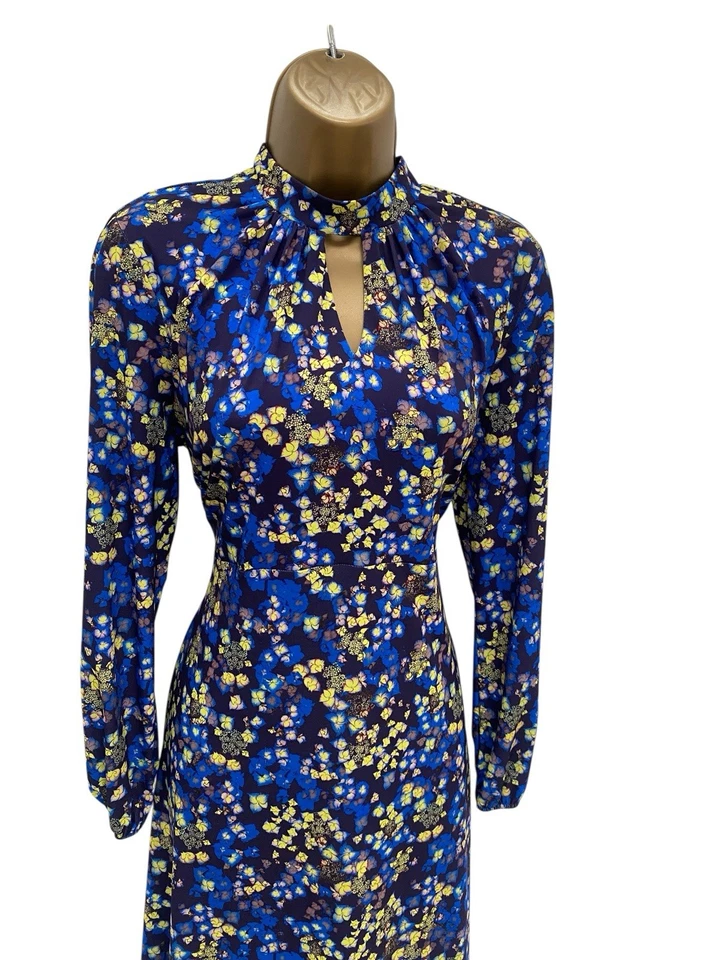 Wallis Midi Dress UK Size 14 Petite Blue Yellow High Neck Long Sleeve - Image 3 of 4