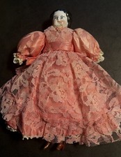 Antique German China Head Doll 9" Low Brow Porcelain Limbs And Boots Pink Dress