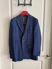 Suitsupply E. Thomas Men 34R Blue Plaid Slim Wool Silk Linen 2-Button Jacket