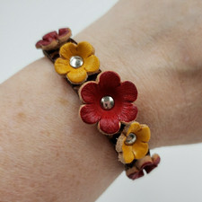 Peasant Leather Flower Cuff Bracelet Adjustable Handmade Boho Country Cottage