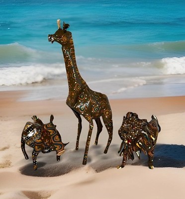 3 Tin Animals Handmade African Art Hand Painted Giraffe, Lion, Rhino Zimbabwe