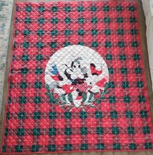 Vintage Disney Throw Quilt Mickey & Minnie Under The Mistletoe Plaid 72x84”