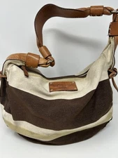 Kate Spade New York Beige Brown Striped Leather Trim Purse Shoulder Bag Tote