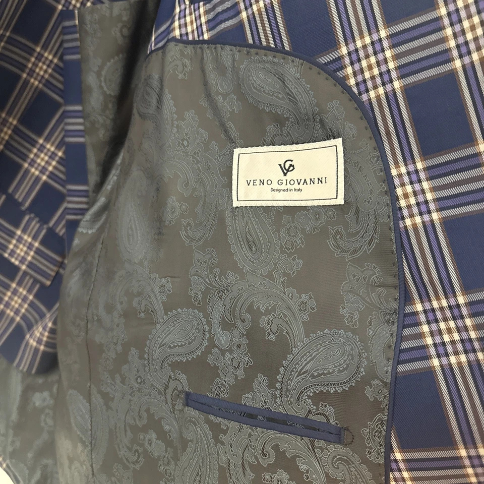 Terno masculino Veno Giovanni 100% lã azul xadrez com colete tamanho 54R/48R novo com etiquetas 3 peças - Imagem 4 de 4