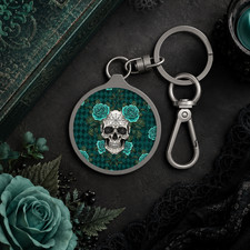 Gothic Skull Keychain Teal Rose Key Ring Spiderweb Skull Charm
