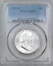 1952-S Franklin Half Dollar PCGS MS63 90% FBL Frosty White PQ Just Graded #N153E