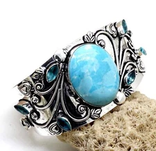 925 Sterling Silver Larimar & Topaz Gemstone Jewelry Cuff Bracelet