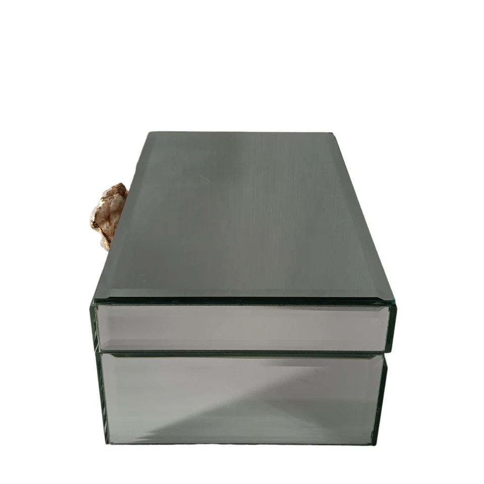 Mirrored Glass Hinged 8" Trinket Jewelry Box W/ Amethyst Geode Knob Gold Trim - Image 4 of 4