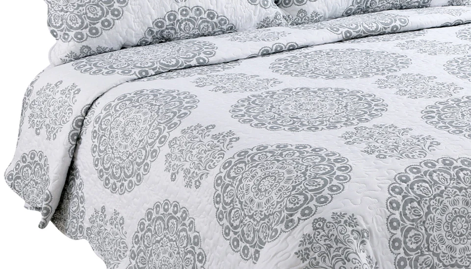 Juego de colcha edredón colcha ultra suave con costuras estampadas, círculos de flores grises Foto 3 de 4