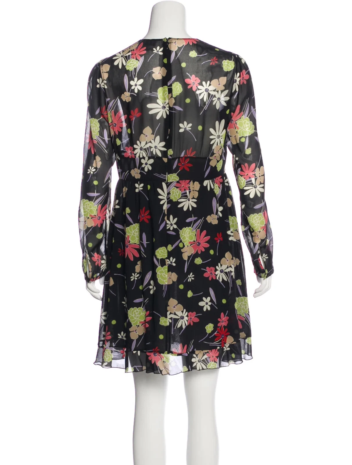 Mini Abito Rosso Valentino Nero Floreale Manica Lunga Foderato Orlo Increspato Seta Taglia 8