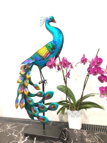 79 cm handgefertigt und bemalt bunt Metall Pfau sitzen auf Ständer Geschenk - Bild 3 von 7