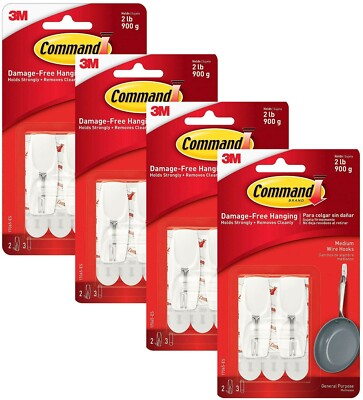 4 Packs 3M Command 2 Medium Wire Hooks & 3 Adhesive Strips Per Pack Max 2 lb 